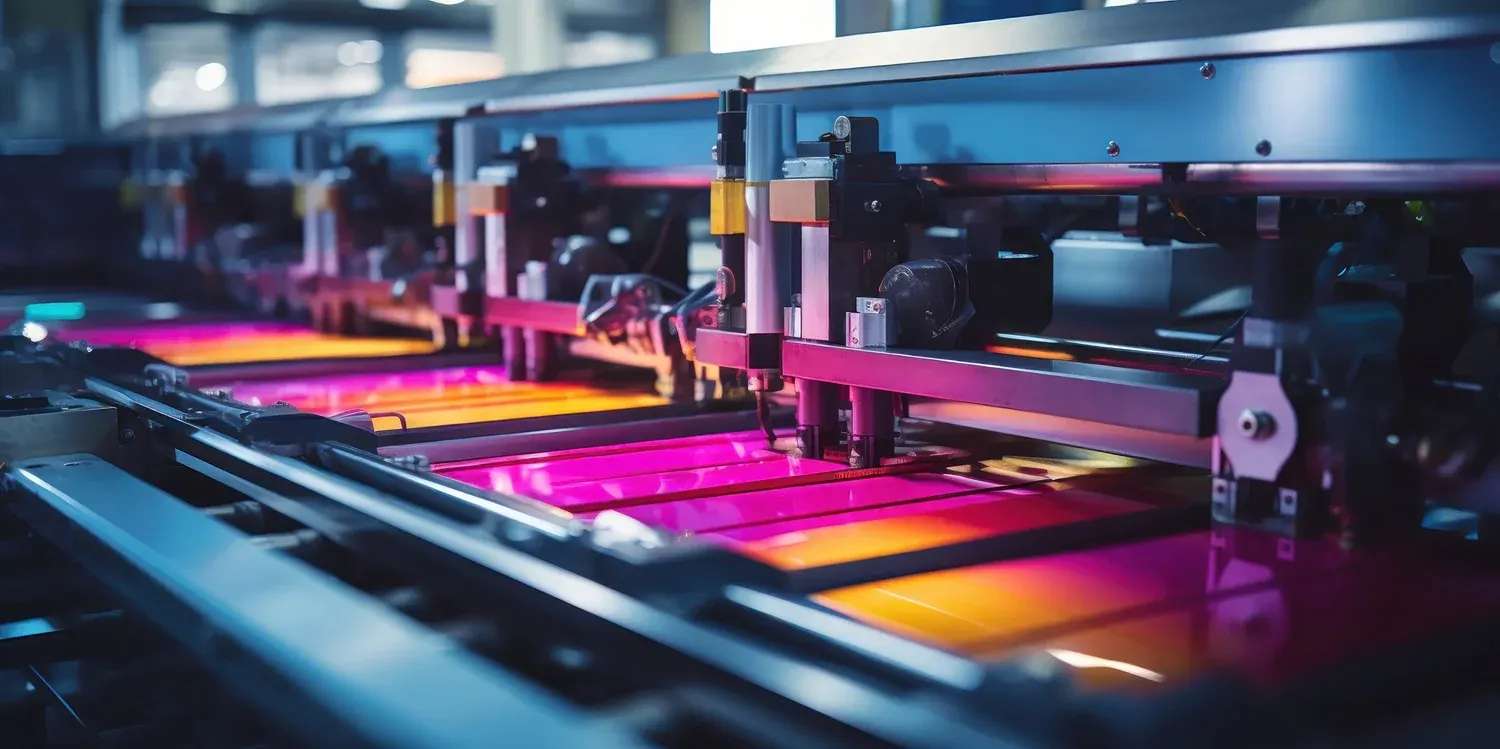 Close-up view of a digital printing machine with colorful ink pages being processed, illuminated by vibrant pink and yellow lights, indoors.