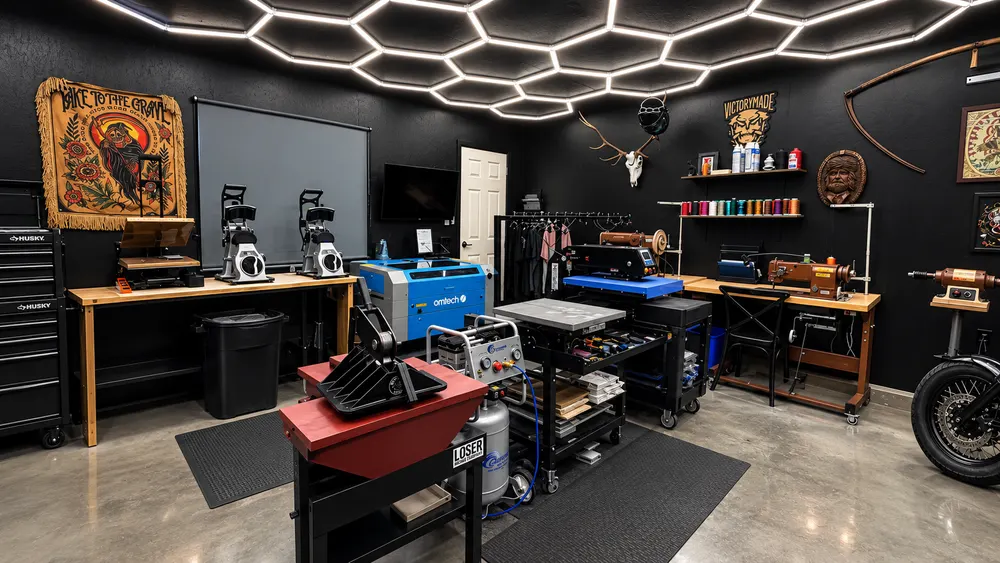 Decoration workshop with workbenches and equipment