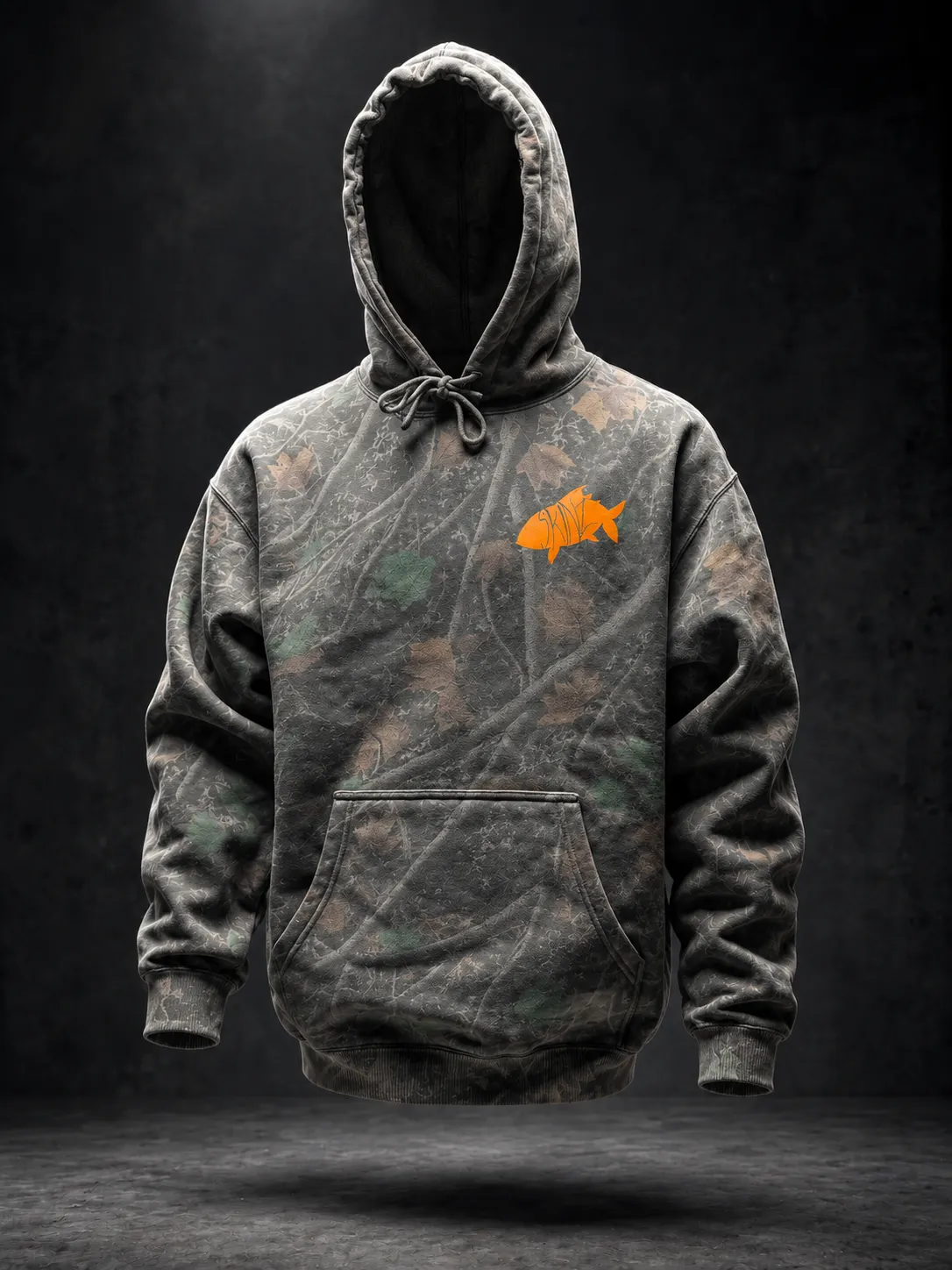 Custom camo hoodie with an embroidered fish logo